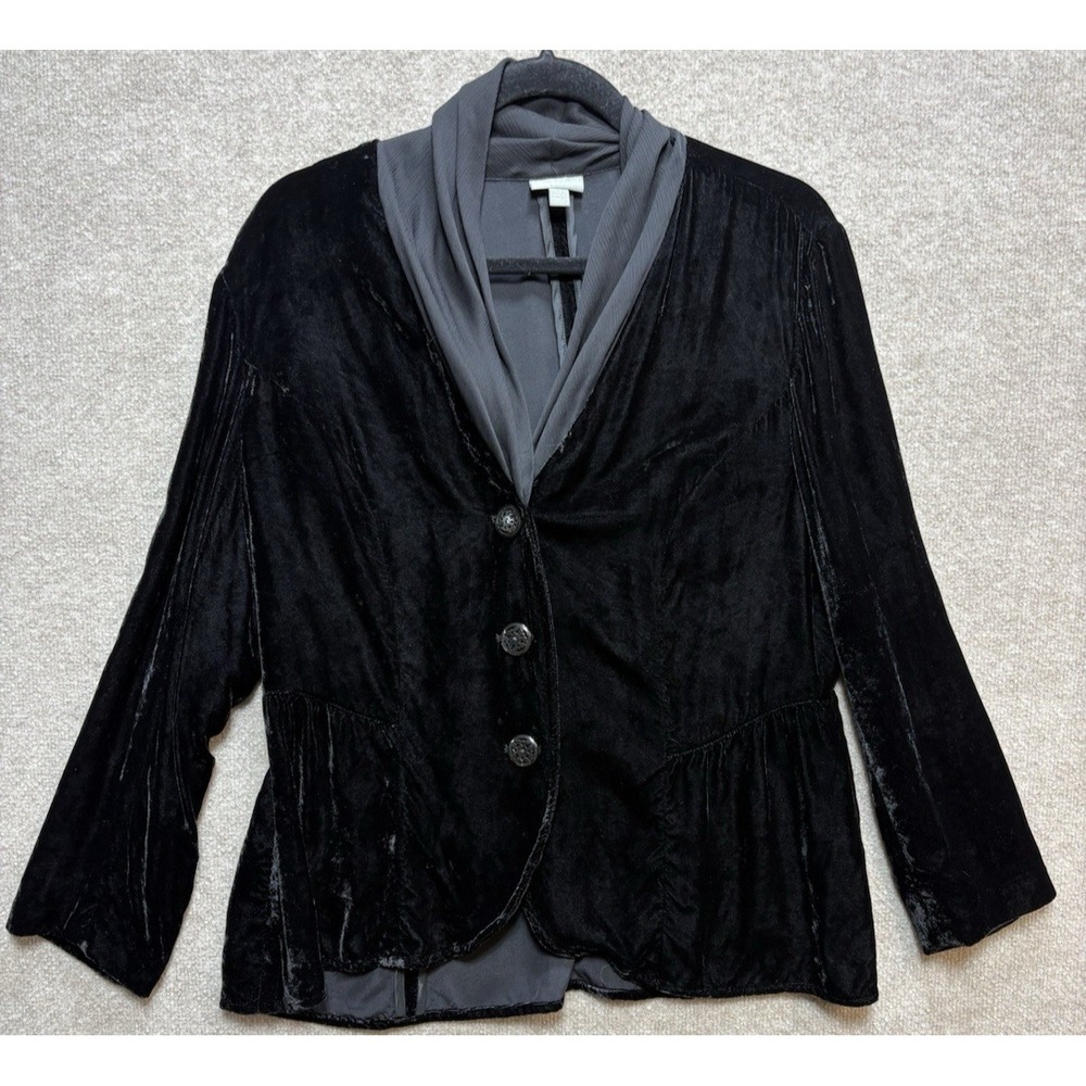 J Jill Top Women's Blouse LP Petite Black Velvet Button Up V-Neck Long Sleeve